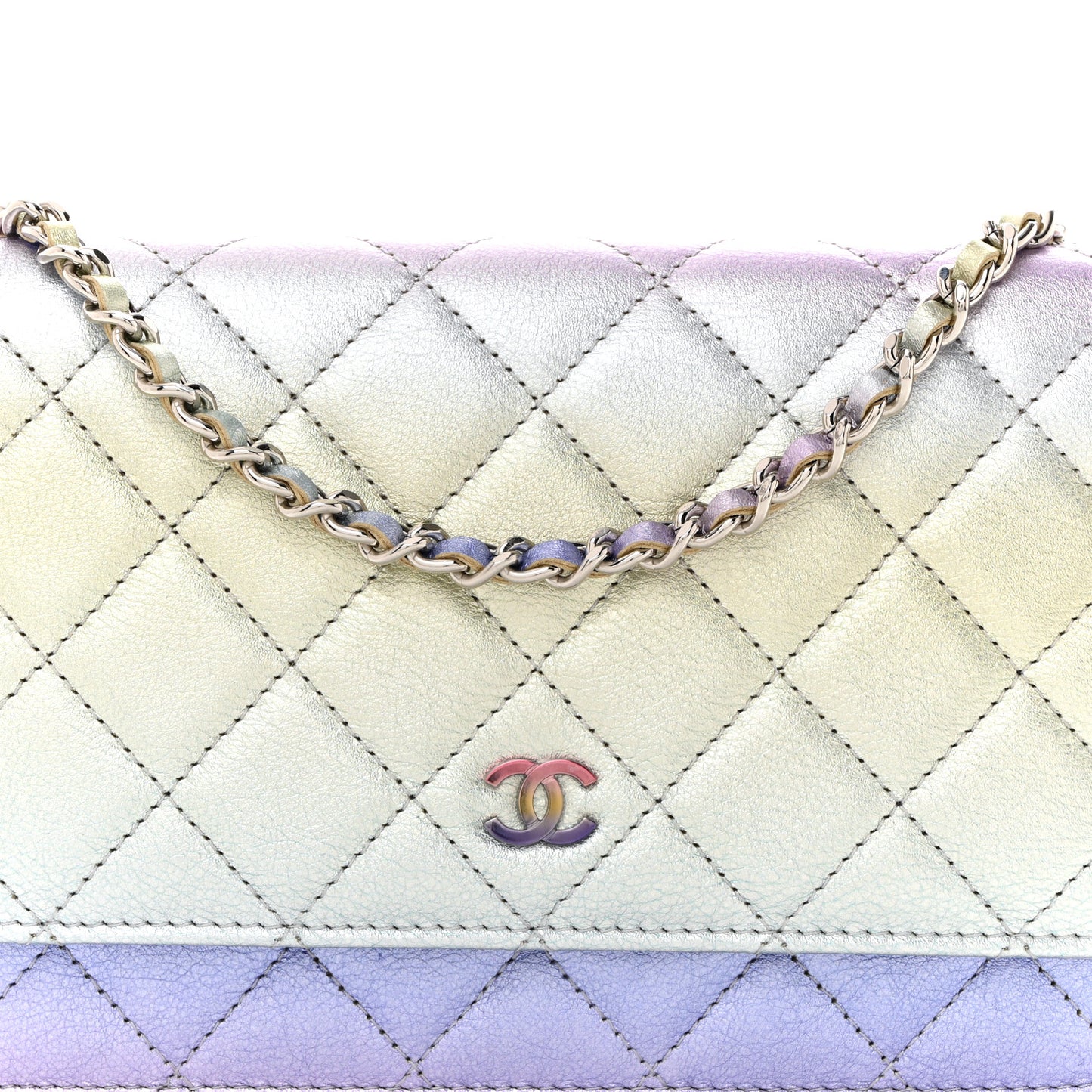 Gradient Metallic Calfskin Quilted Wallet On Chain WOC Silver Blue Yellow Purple