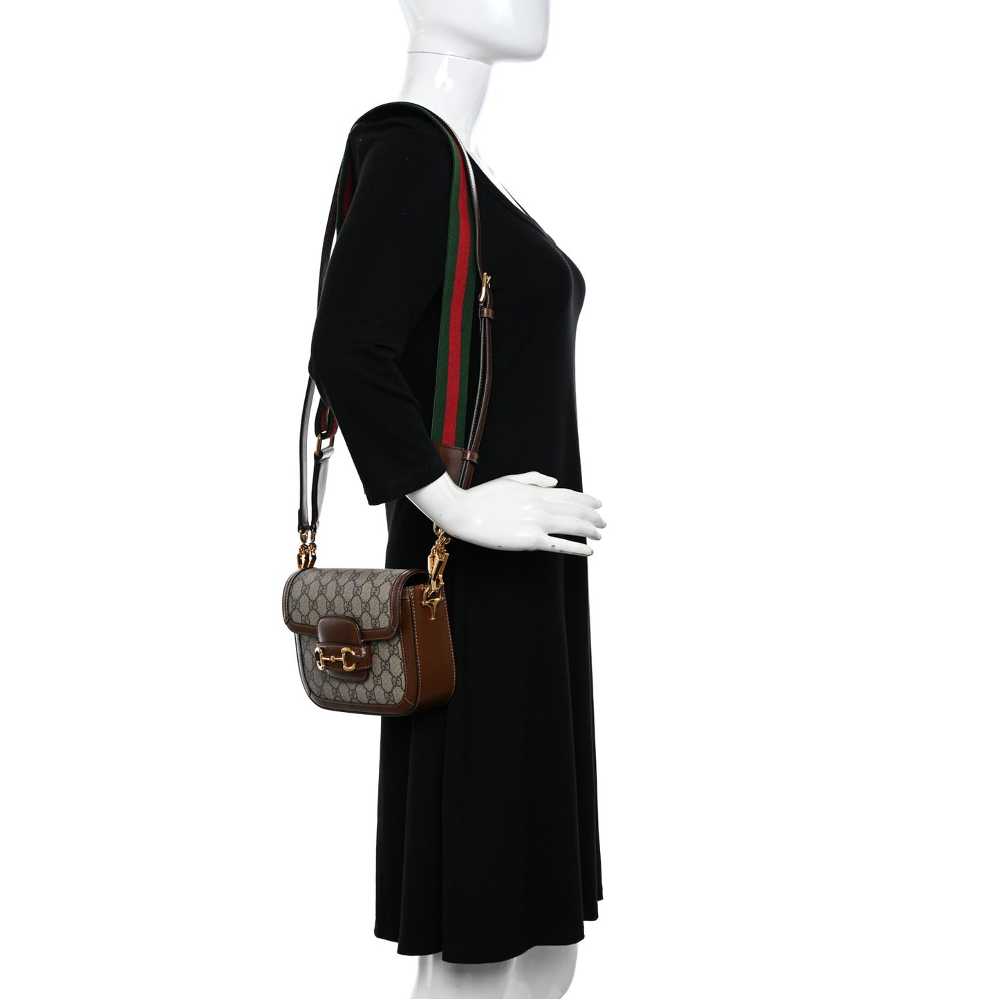 GG Supreme Monogram Azalea Calfskin Web Mini Horsebit 1955 Shoulder Bag Beige Ebony Brown Sugar