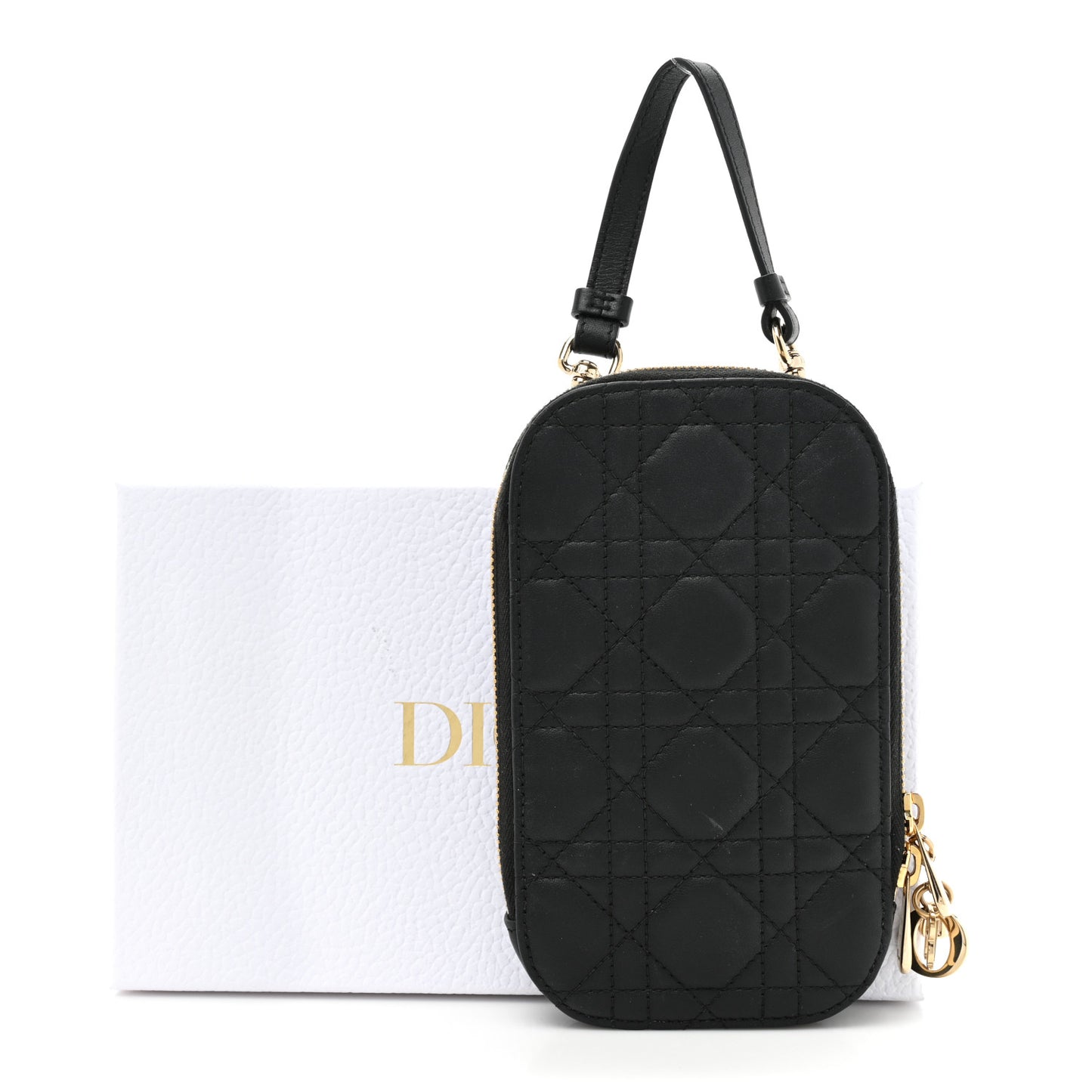 Lambskin Cannage Lady Dior Phone Holder Black