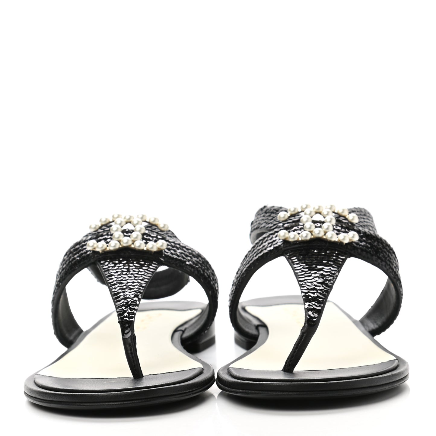 Lambskin Sequin Pearl CC Thong Sandals 41 Black