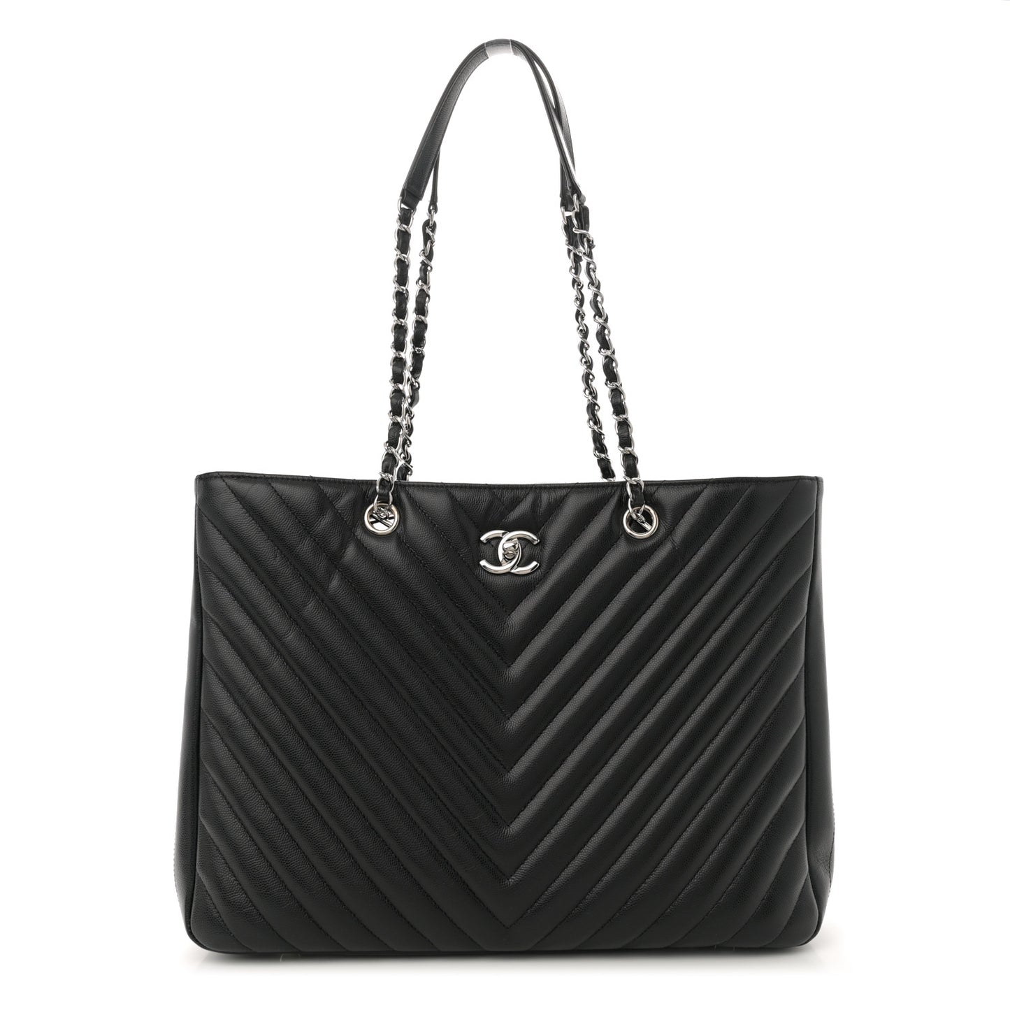 Caviar Chevron Quilted Large Shopping Tote Tote Black