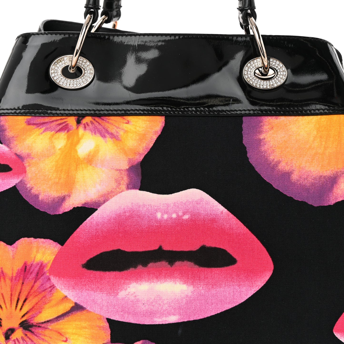 Patent Crystal Embellished Canvas Lips Print Tote Black Multicolor