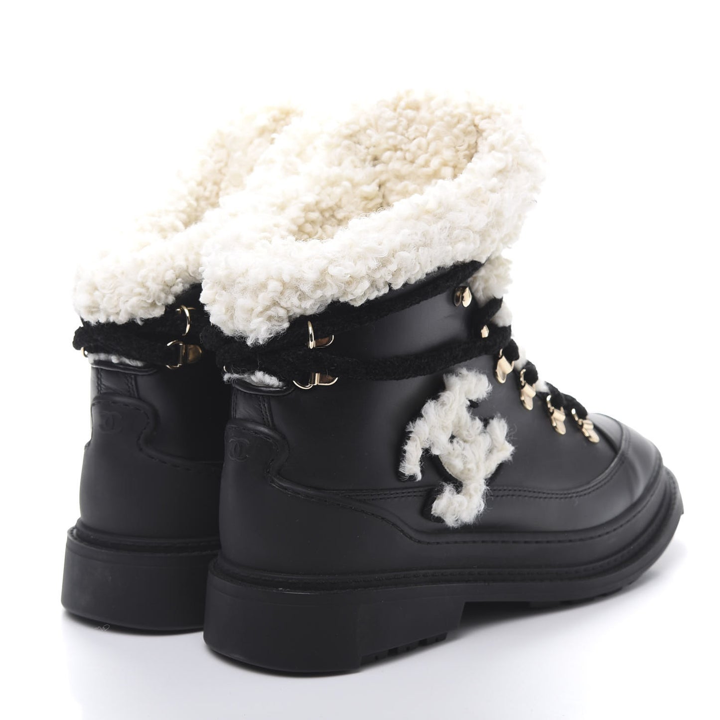 Calfskin Shearling CC Lace Up Boots 38 Black