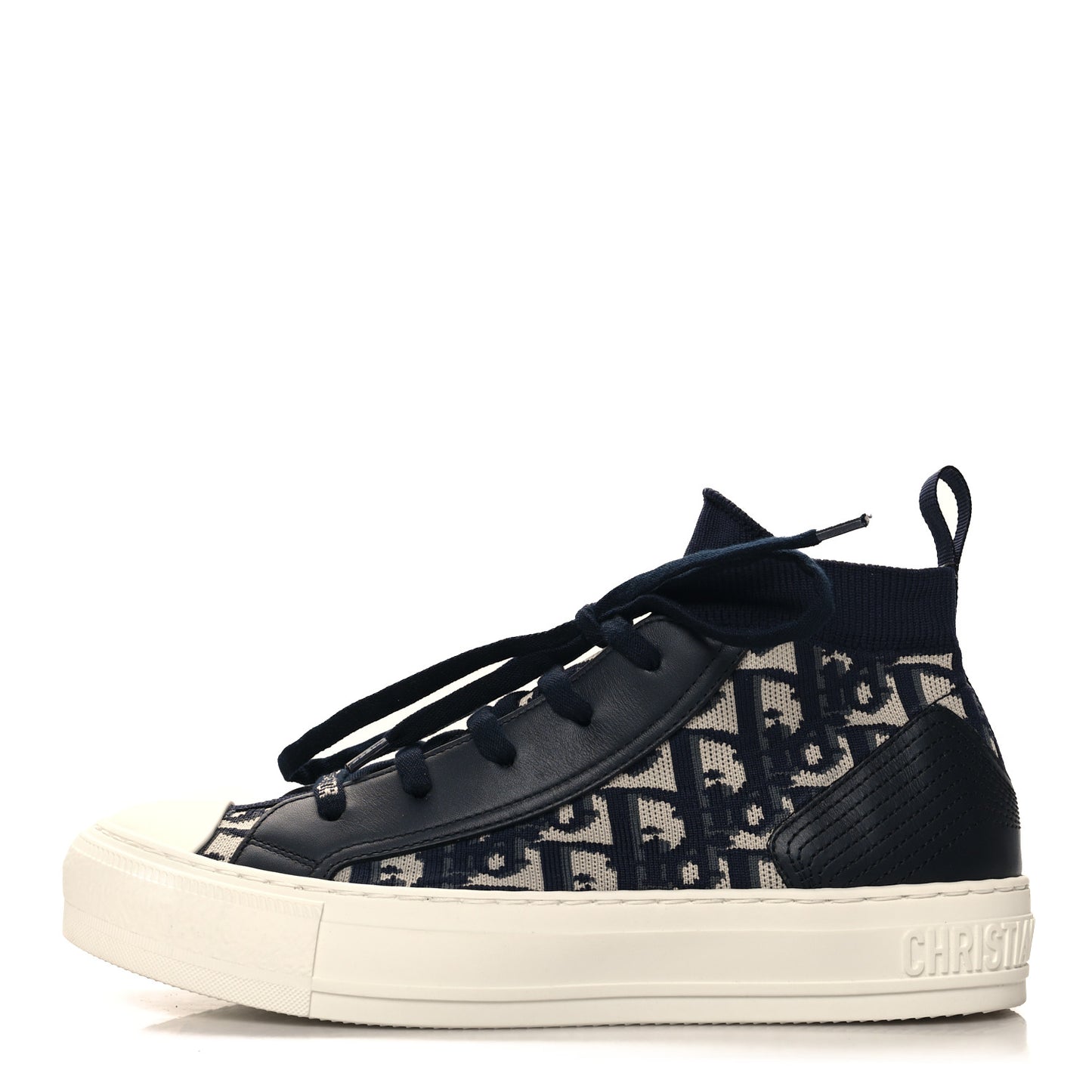 Technical Knit Calfskin Oblique Womens Walk'n Dior Mid Top Sneakers 37.5 Deep Blue