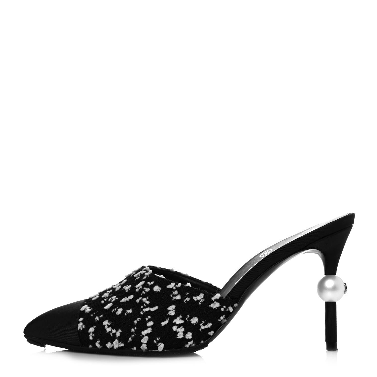 Chanel Tweed Pearl Mules 36 Black White 881117 – FASHIONPHILE