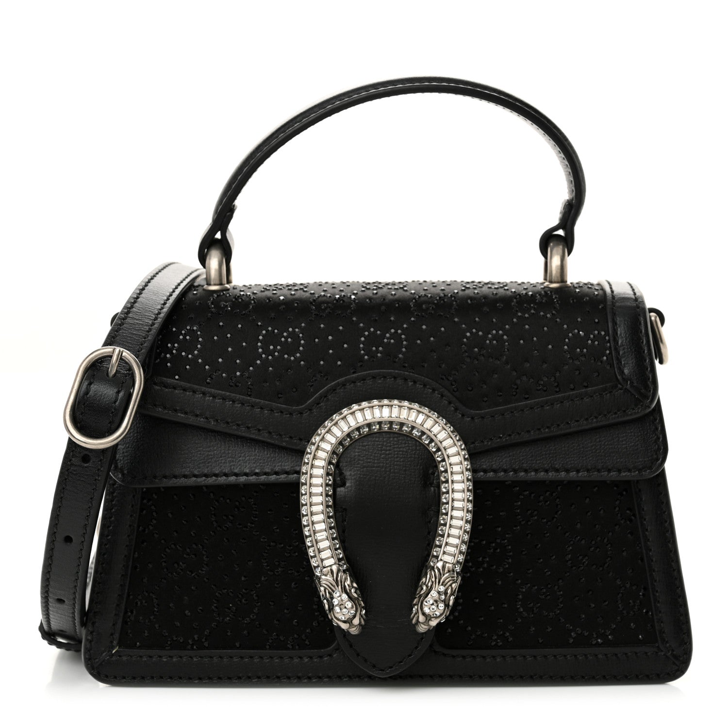 Gucci Satin Crystal GG Monogram Mini Dionysus Top Handle Bag Black