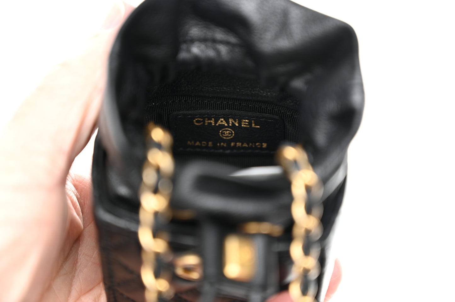 Calfskin Quilted Mini Drawstring Bucket Bag Black