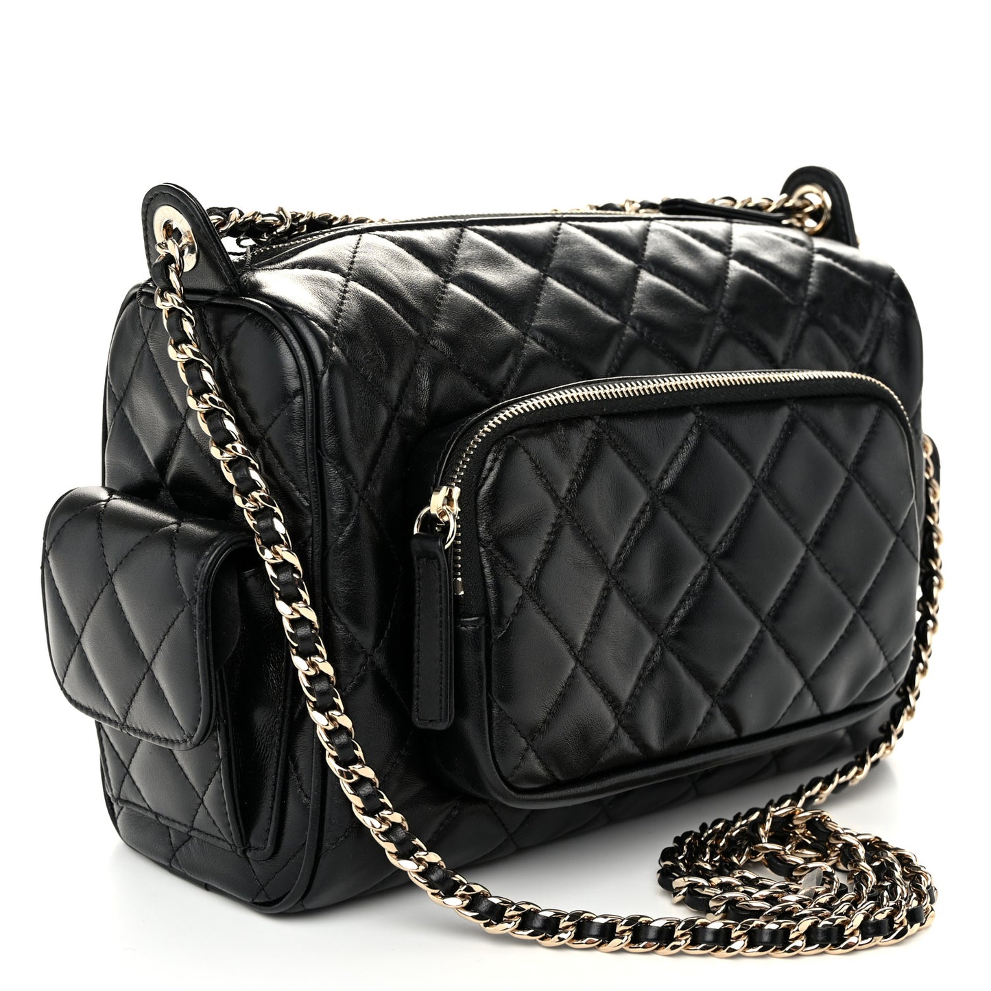 Shiny Crumpled Lambskin Quilted Medium Preppy Pocket Camera Case Black