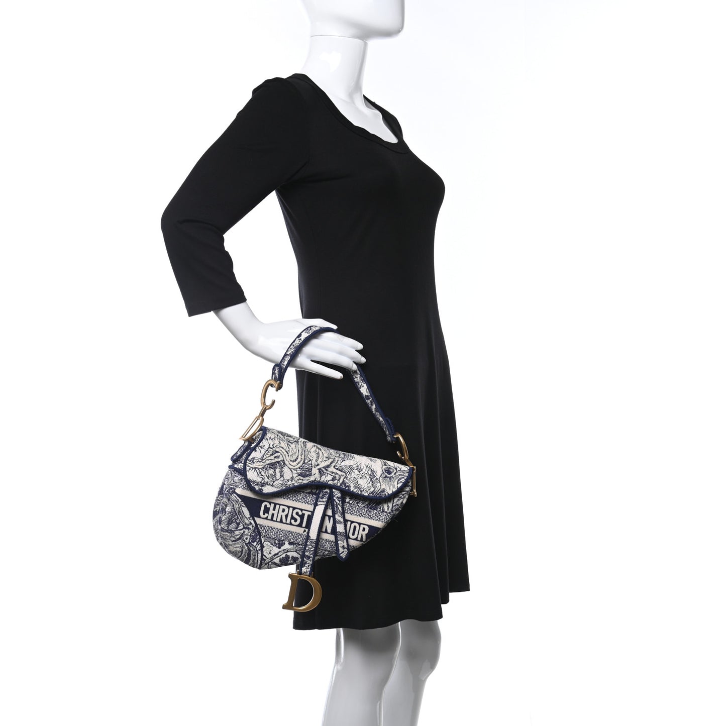 Canvas Embroidered Toile de Jouy Saddle Bag Blue