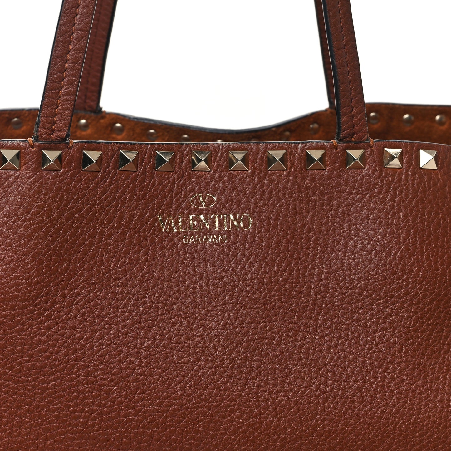 Grained Calfskin Rockstud Shoulder Tote Bright Cognac
