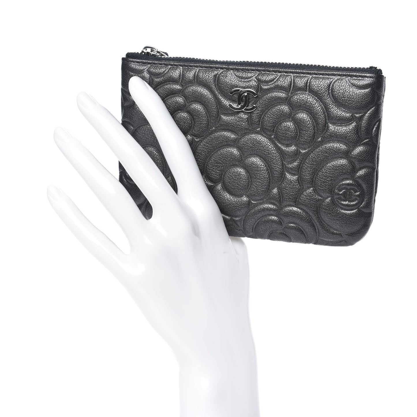 Goatskin Camellia Embossed Cosmetic Pouch Anthracite