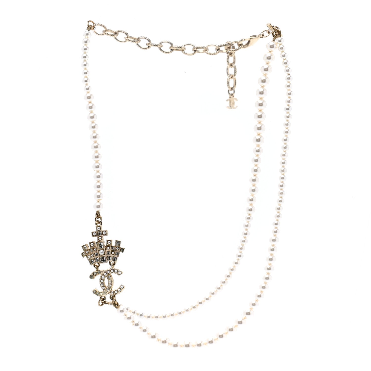 Chanel Pearl Crystal CC Crown Multi Strand Necklace Gold 3 of 7