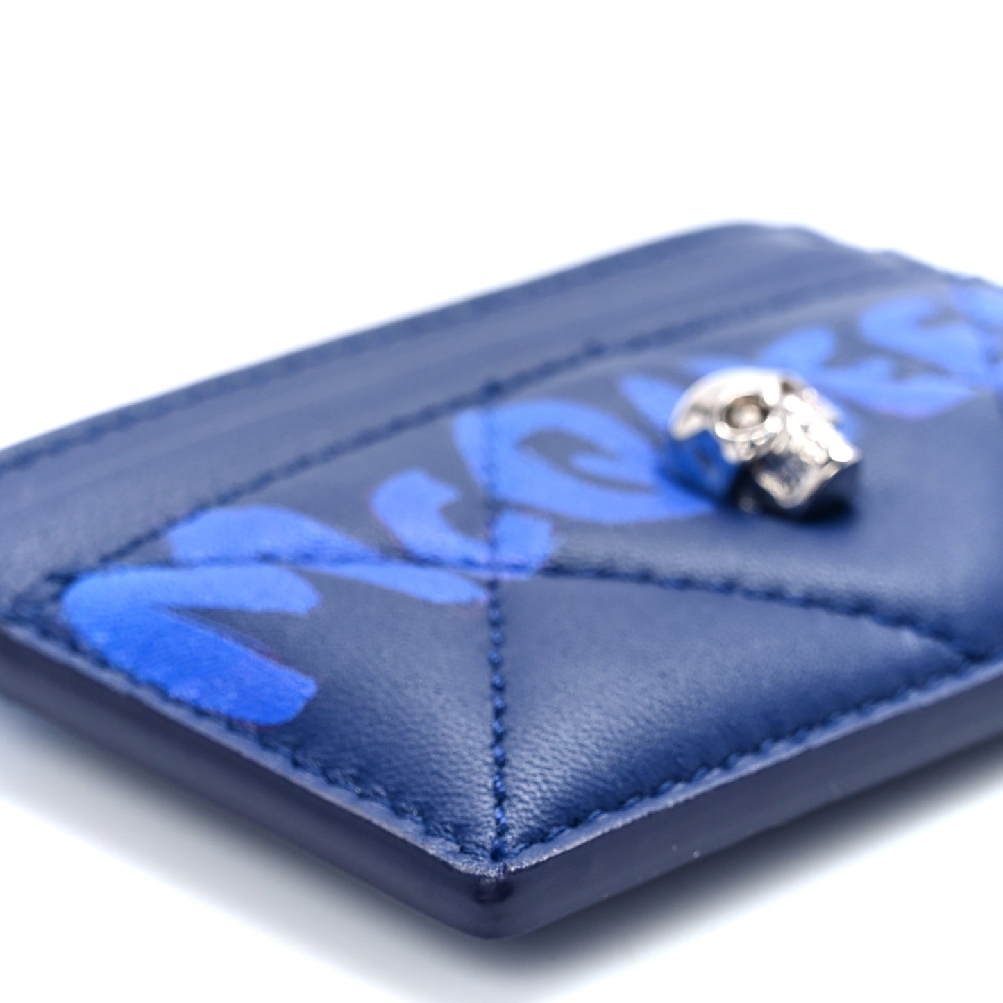 Lambskin Quilted Graffiti Skull Card Holder Blue