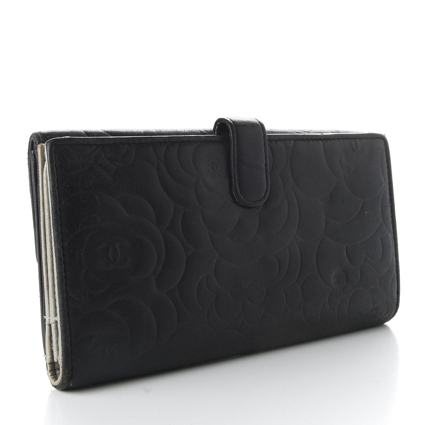 Lambskin Camellia Embossed Large Flap Wallet Black