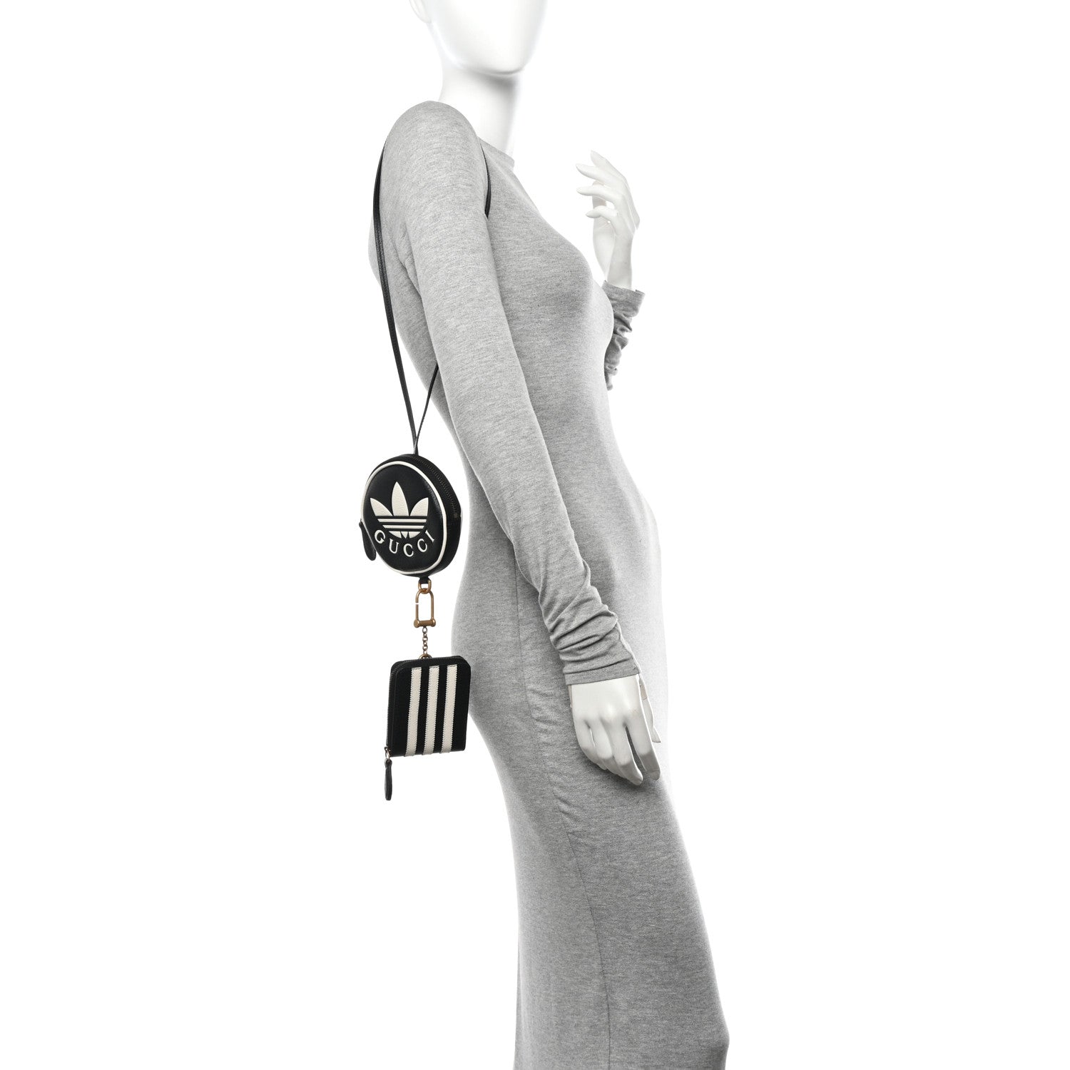 Gucci X ADIDAS Textured Dollar Calfskin Web Trefoil Mini Pouch Set Shoulder Bag Black Off White 2 of 14