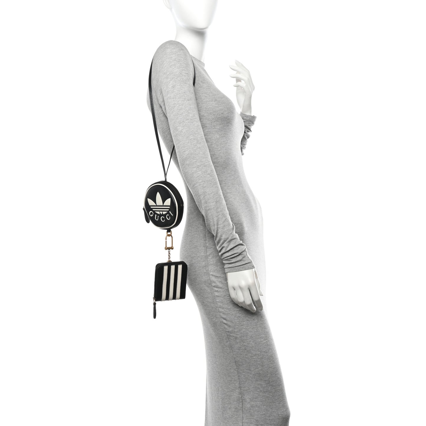 X ADIDAS Textured Dollar Calfskin Web Trefoil Mini Pouch Set Shoulder Bag Black Off White