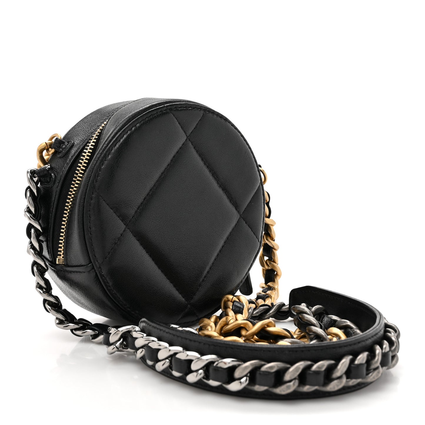 Shiny Goatskin Quilted Chanel 19 Round Clutch With Chain Black