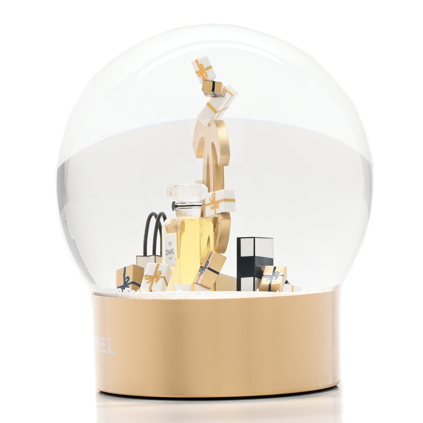 Glass CC Shopping Bag Snow Globe Gold