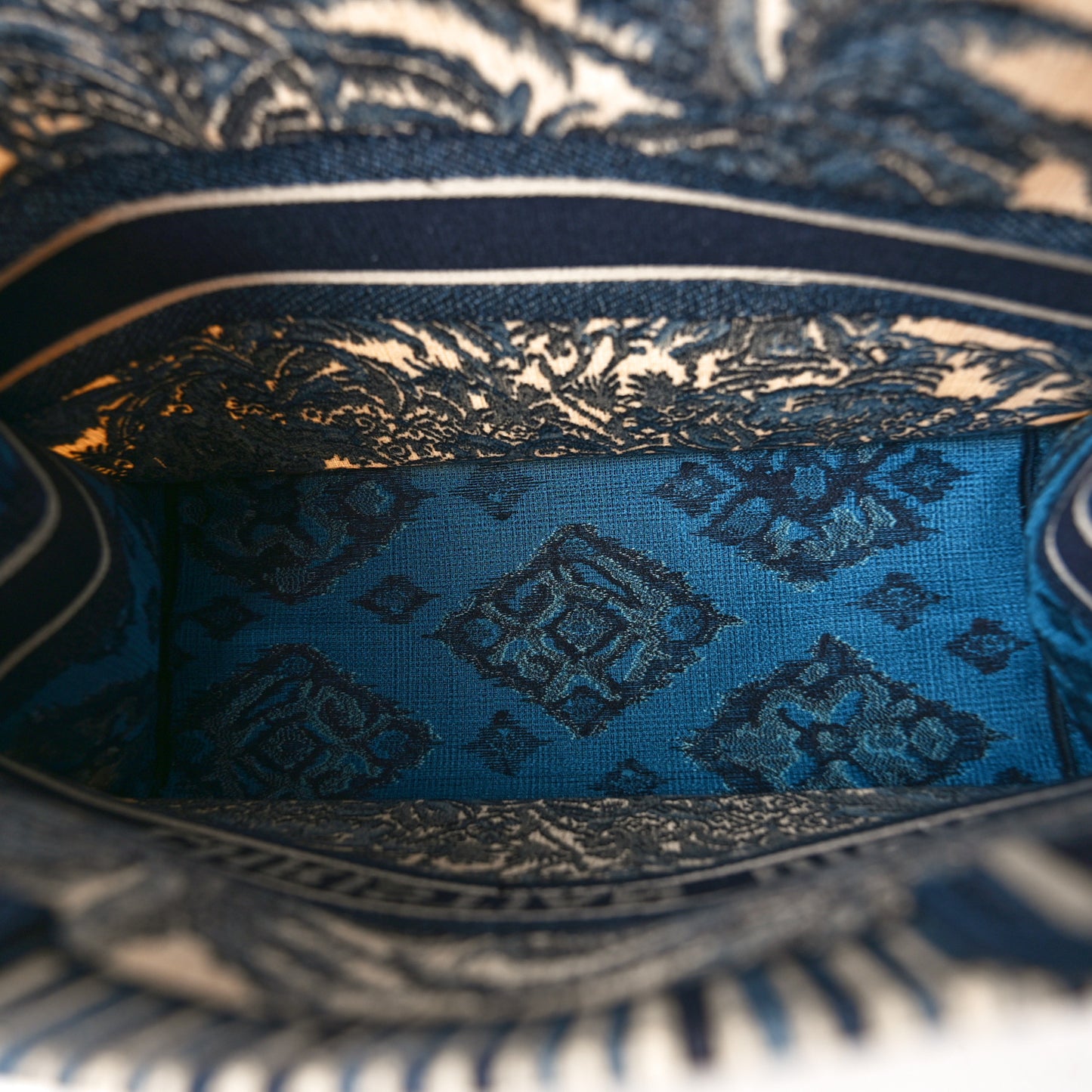 CHRISTIAN DIOR Canvas Embroidered Large Palm Tree Toile De Jouy Book Tote Blue Multicolor