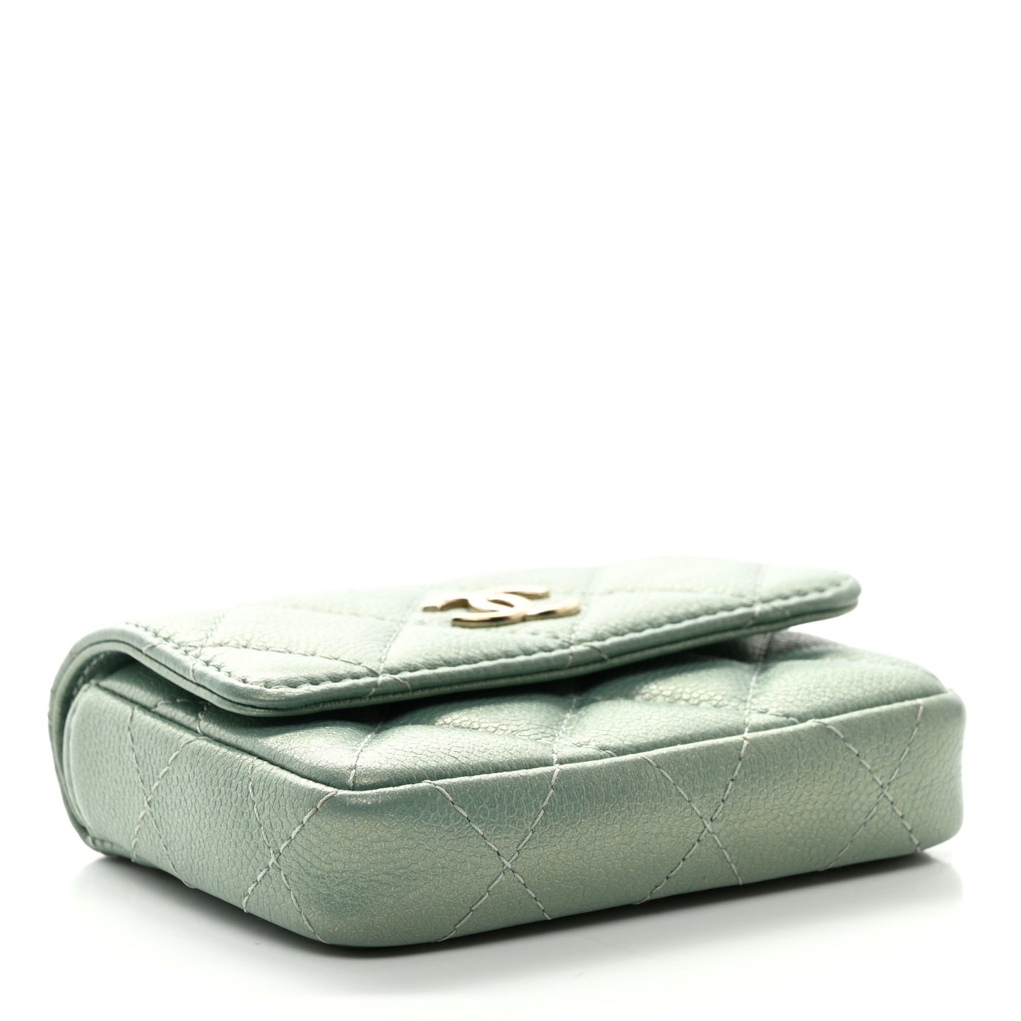 Iridescent Caviar Quilted Pearl On Top Coin Purse With Chain Light Green