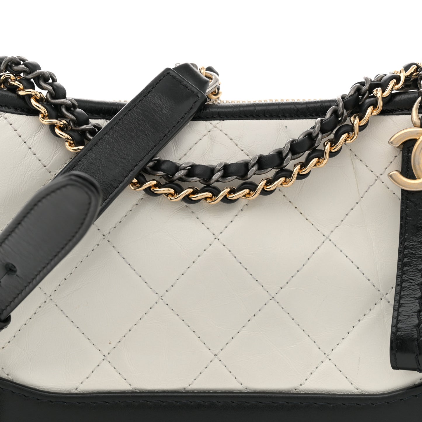 Aged Calfskin Quilted Small Gabrielle Hobo Black White