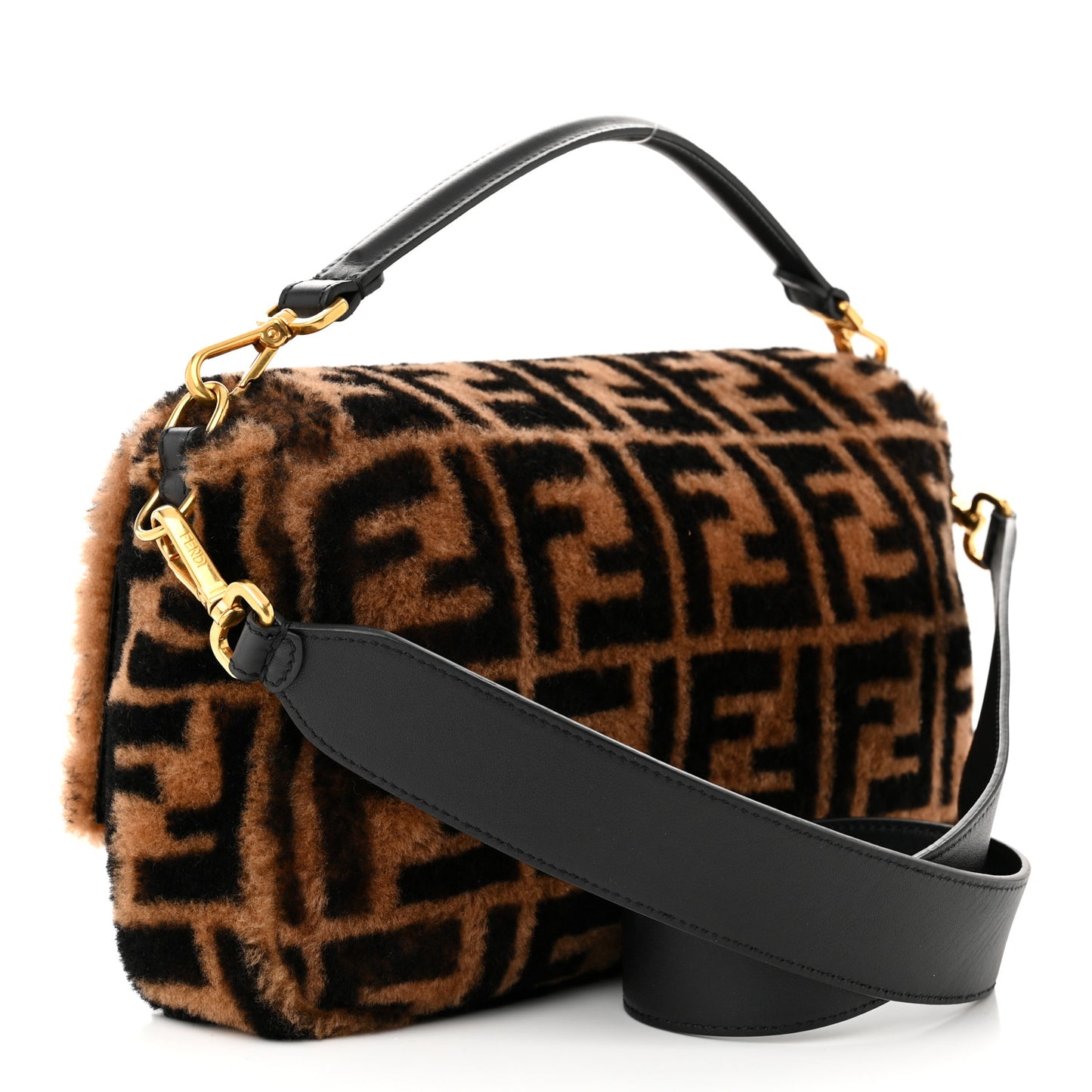 Shearling Vitello Dolce Macro FF 1974 Large Baguette Tobacco Black