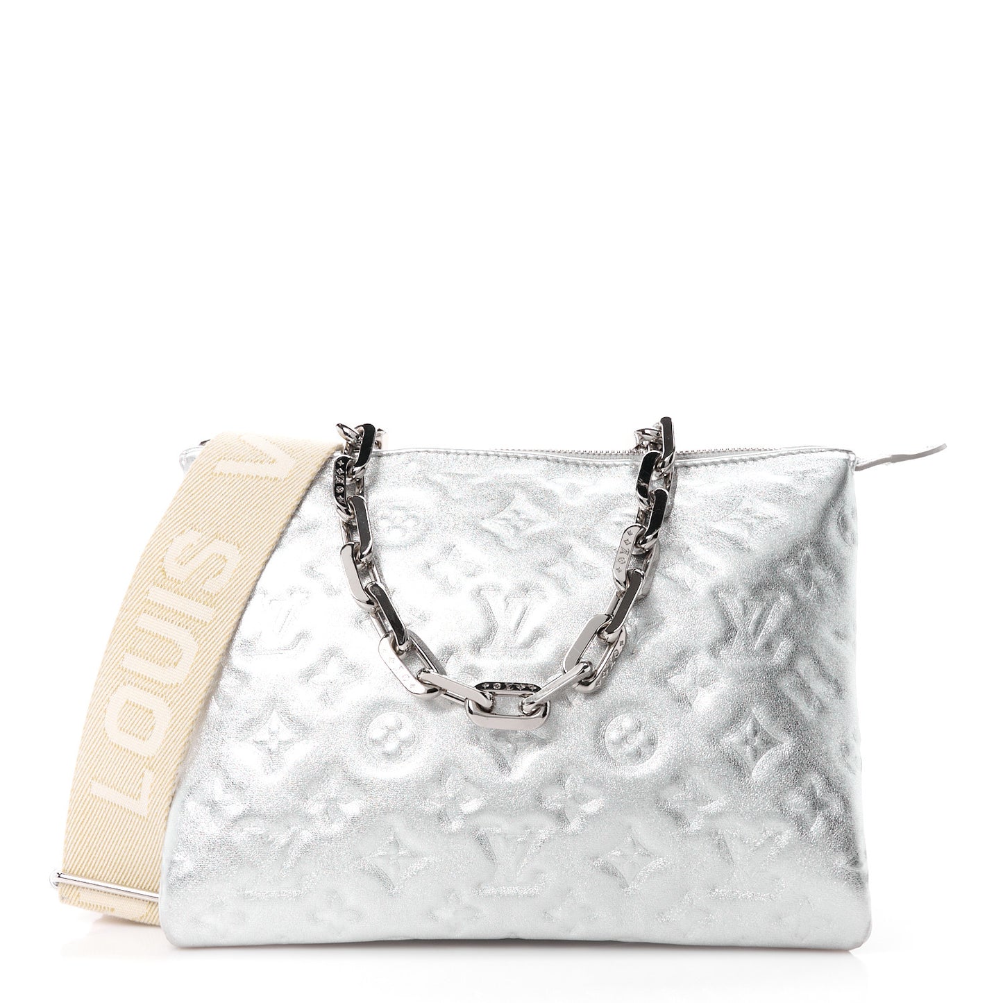 Metallic Lambskin Embossed Monogram Coussin BB Silver