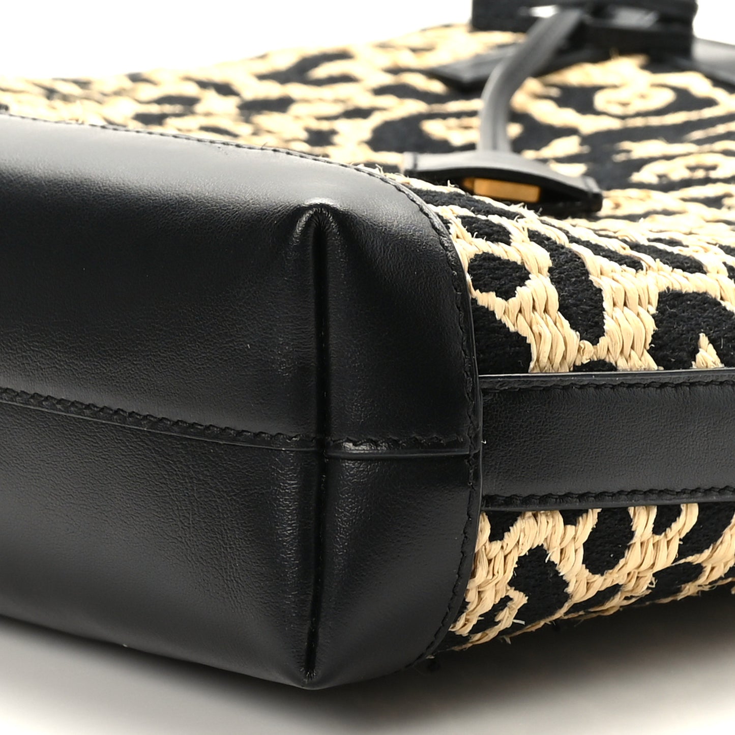 Raffia Calfskin Leopard Print Toy Shopping Tote Natural Black