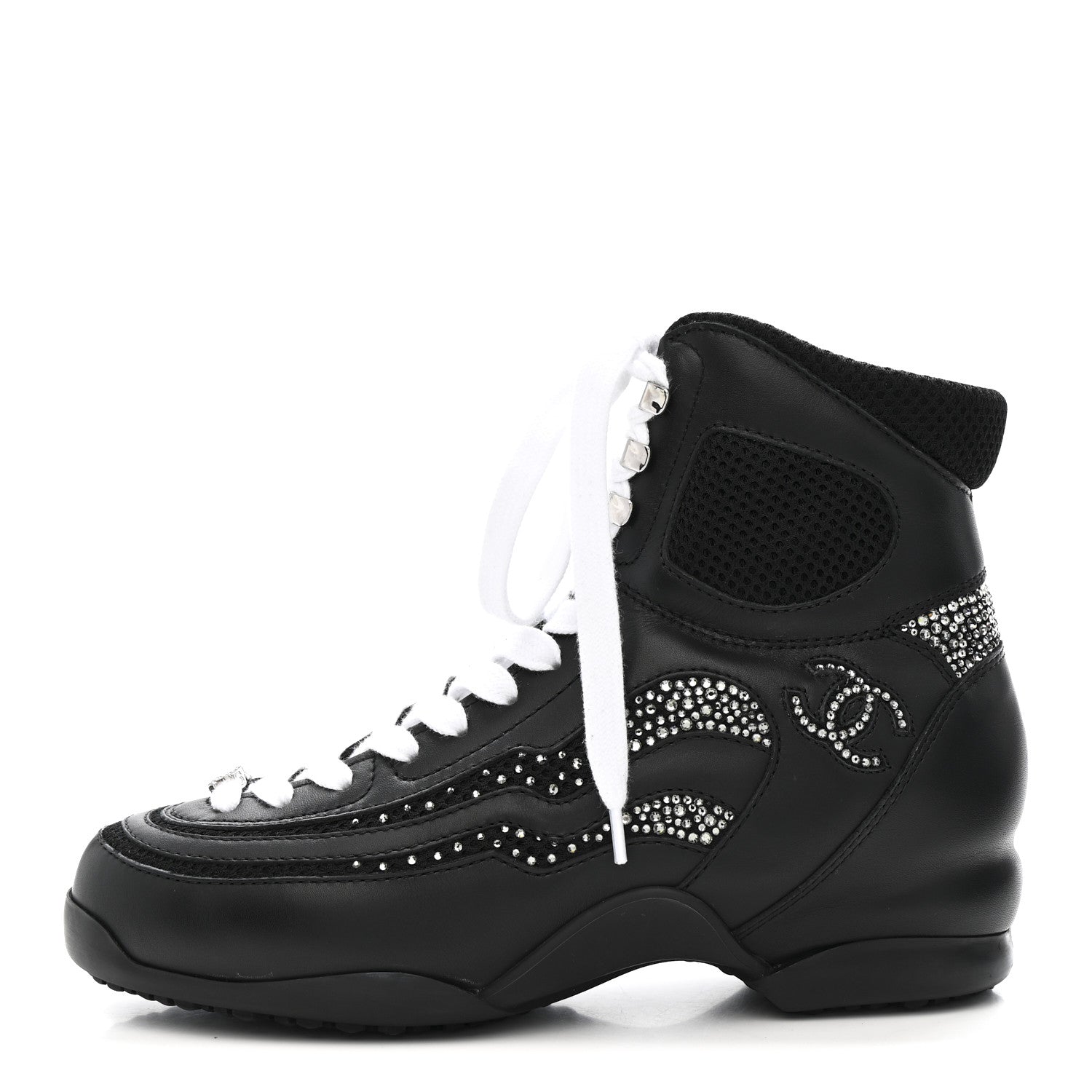 Chanel Calfskin Mesh Strass Womens CC Sneakers 37 Black Silver