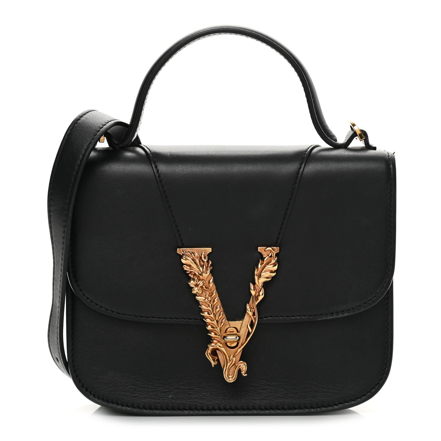 Versace Vitello Barocco Virtus Small Top Handle Shoulder Bag Black