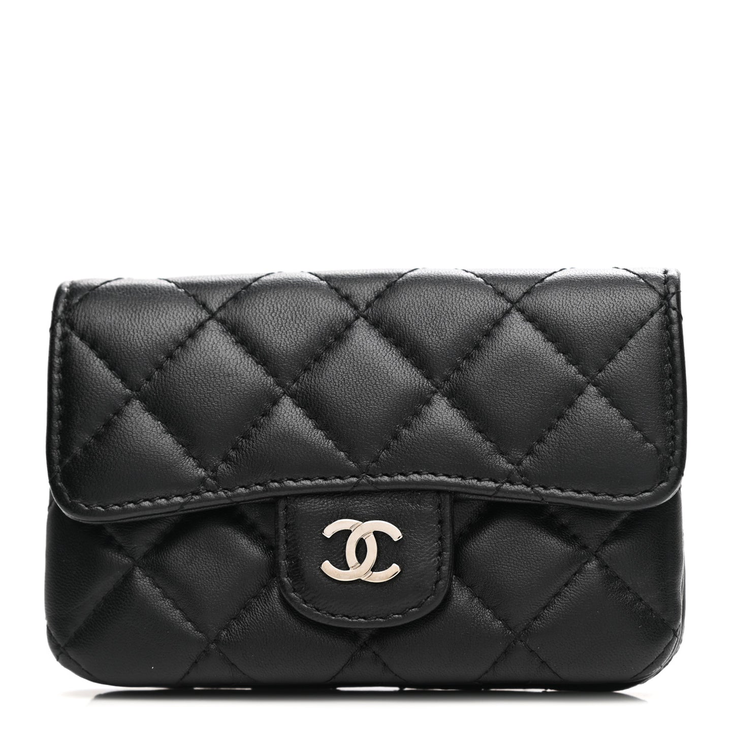 Lambskin Quilted Zip Card Holder Black