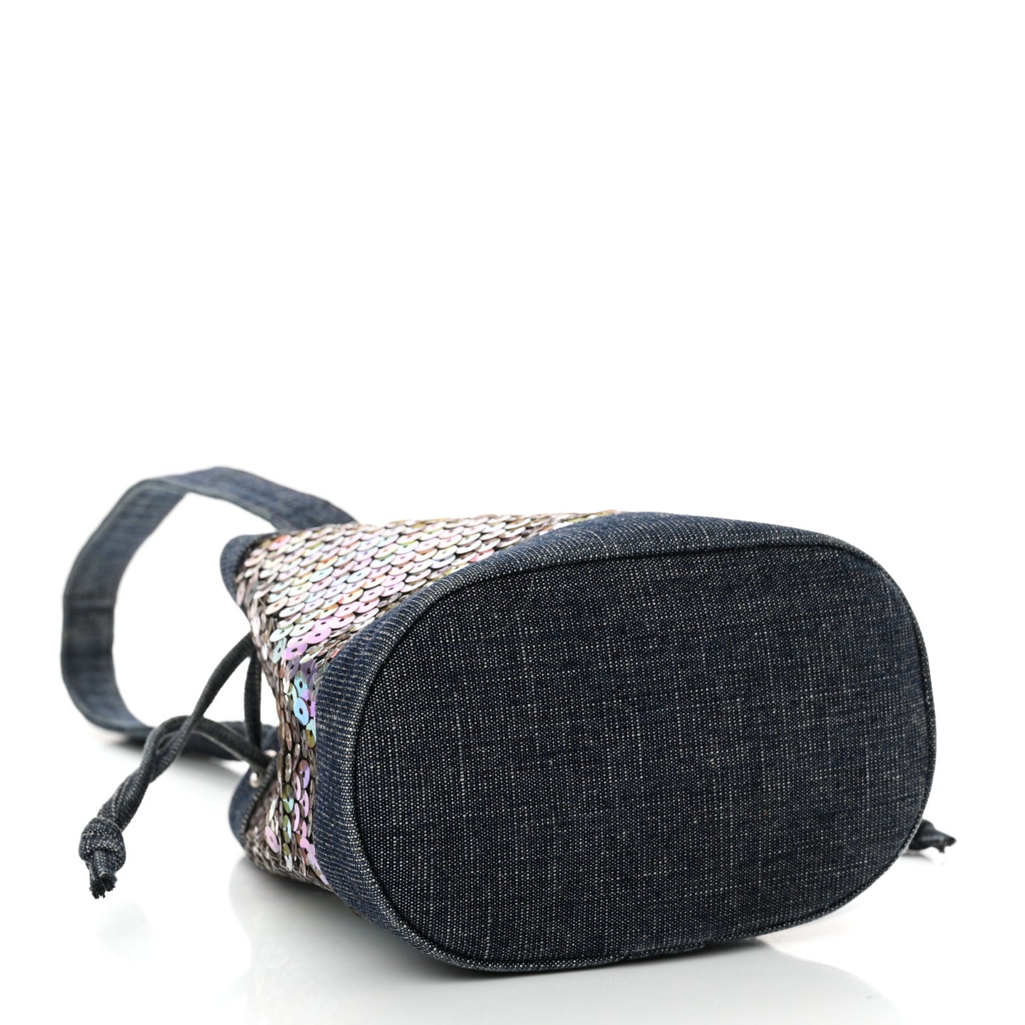 Sequin Denim Small Drawstring Bucket Bag Blue