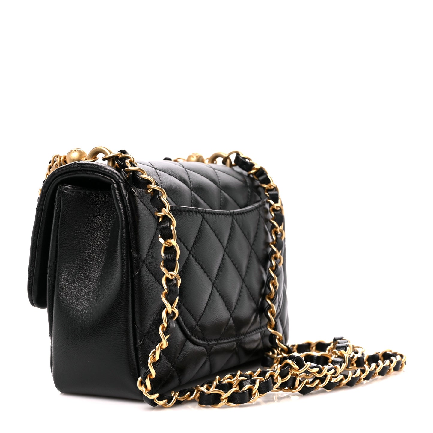 Shiny Lambskin Quilted Pearl Twist Mini Square Flap Black