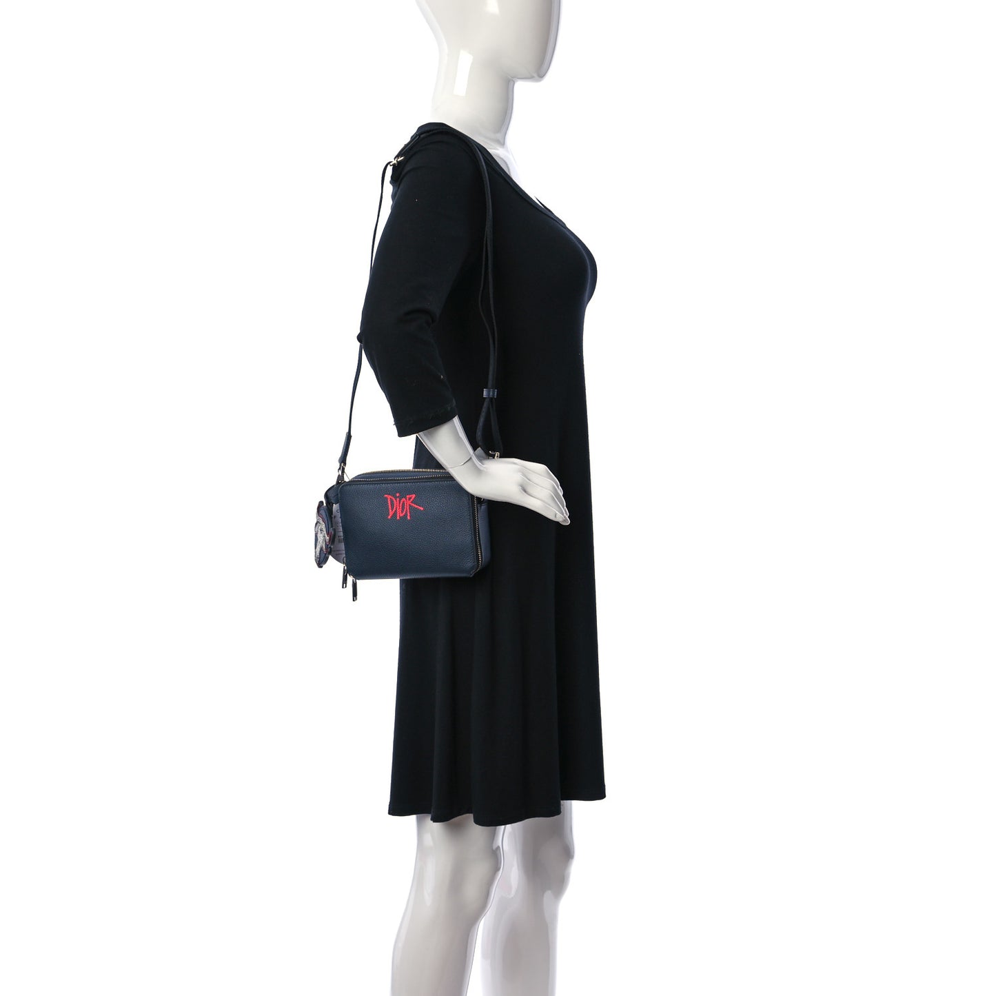 X SHAWN STUSSY Grained Calfskin Ox Head Crossbody Double Zip Crossbody Pouch Navy Blue