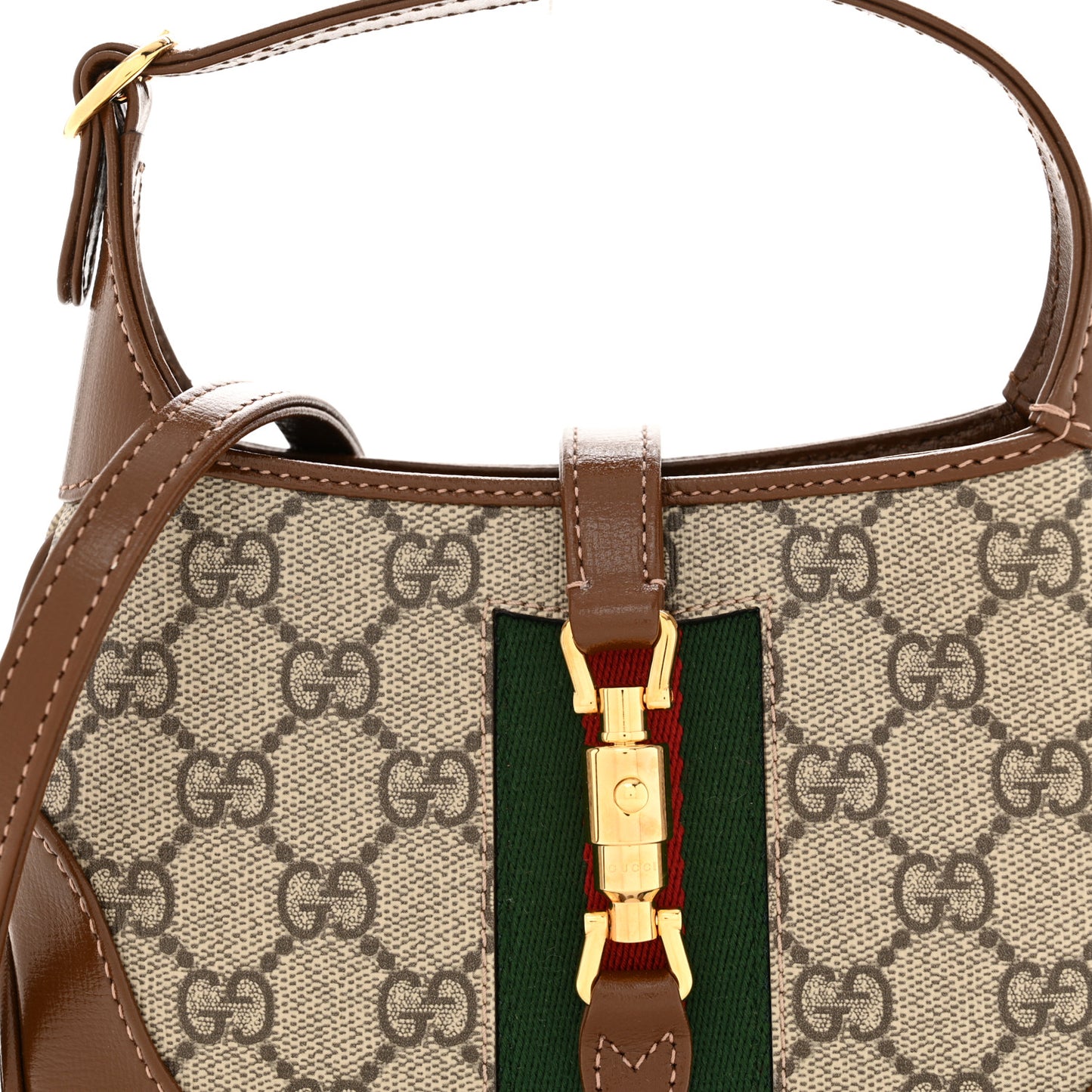 GG Supreme Monogram Azalea Calfskin Web Mini Jackie 1961 Hobo Beige Ebony Brown Sugar