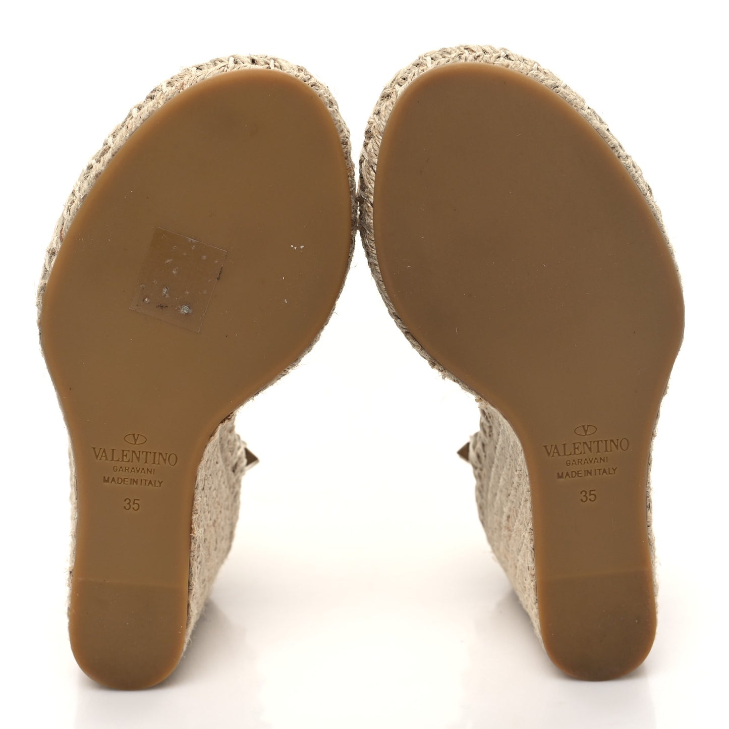 Grained Calfskin Rockstud Ankle Strap Espadrille Wedge Sandals 35 Light Ivory