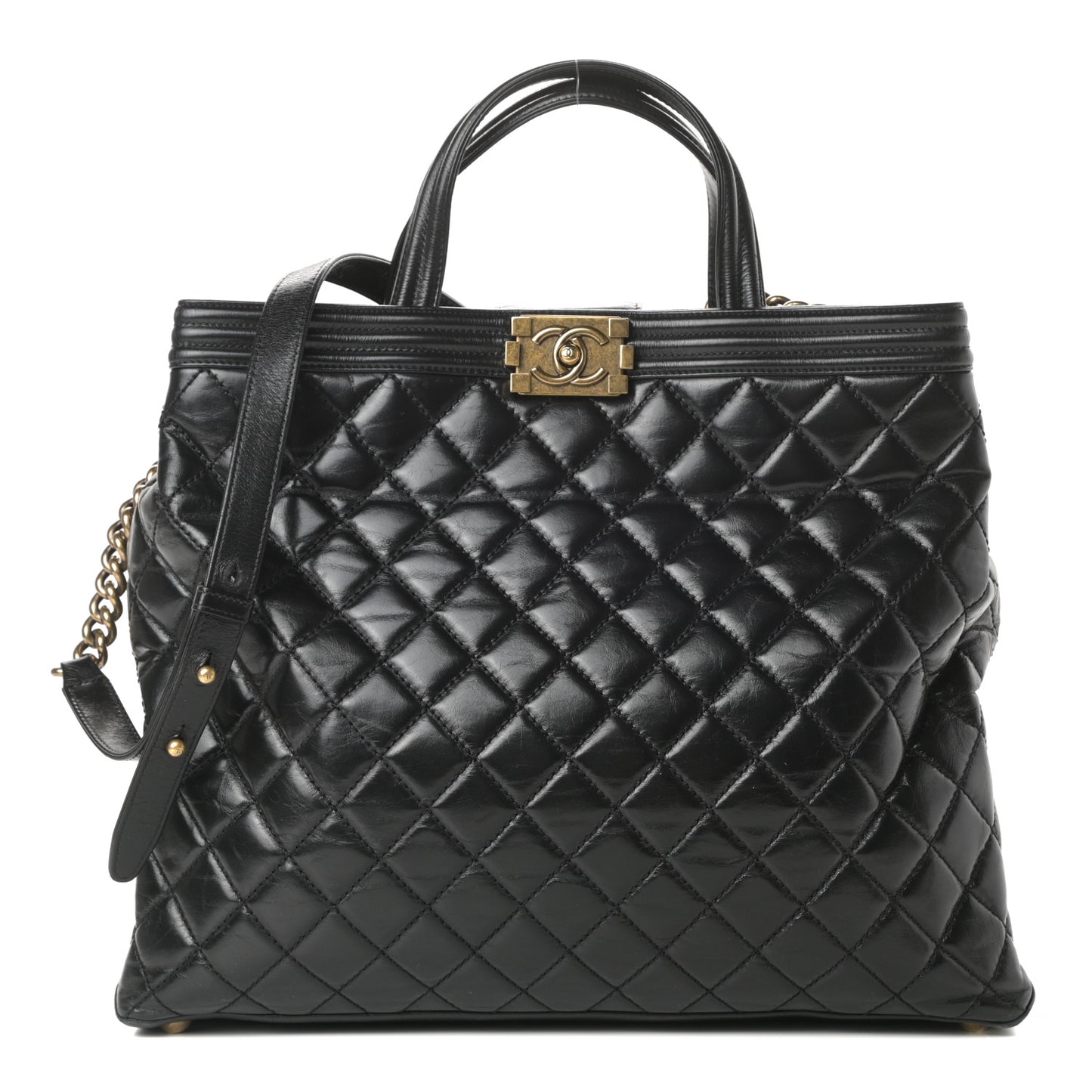 Glazed Calfskin Quilted Large Boy Tote Black