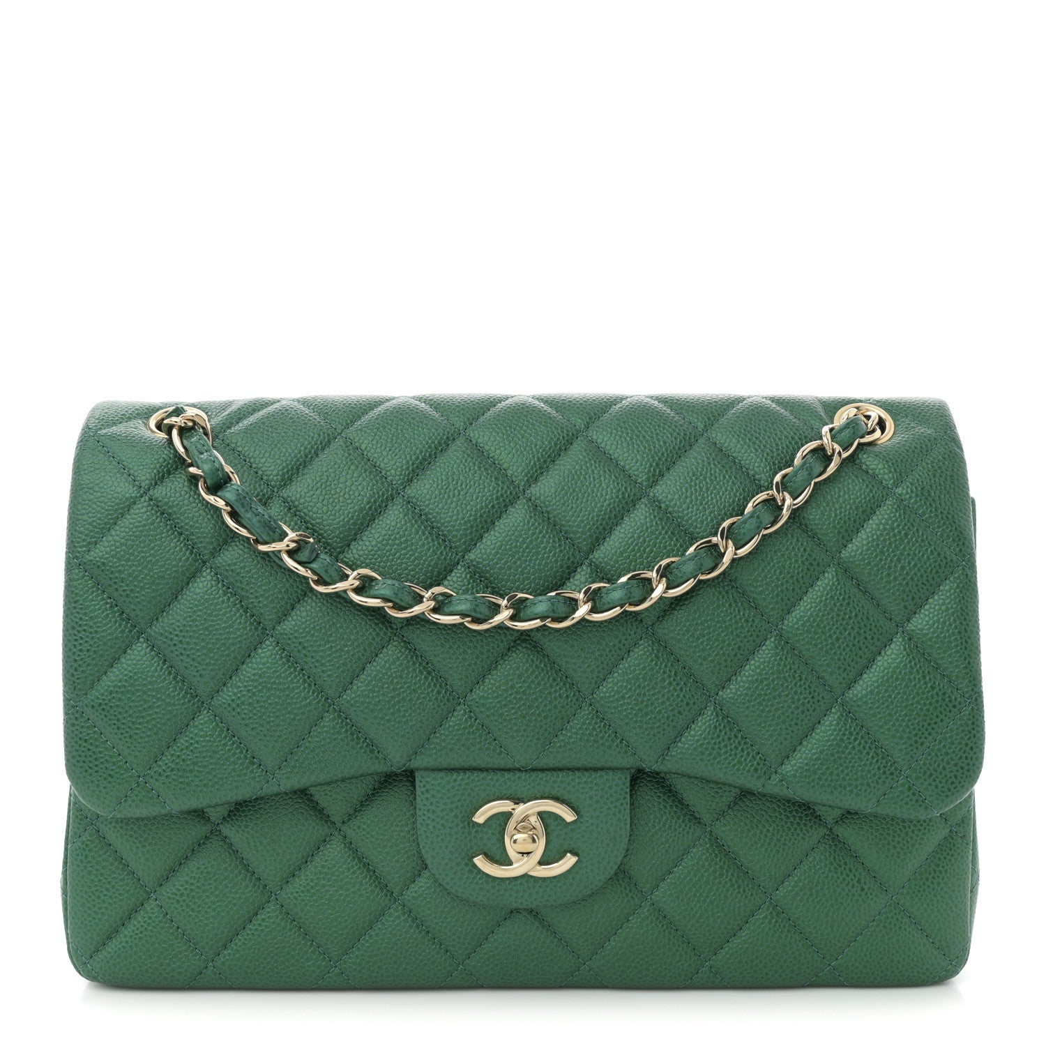 Chanel Metallic Caviar Quilted Jumbo Double Flap Green 1766856