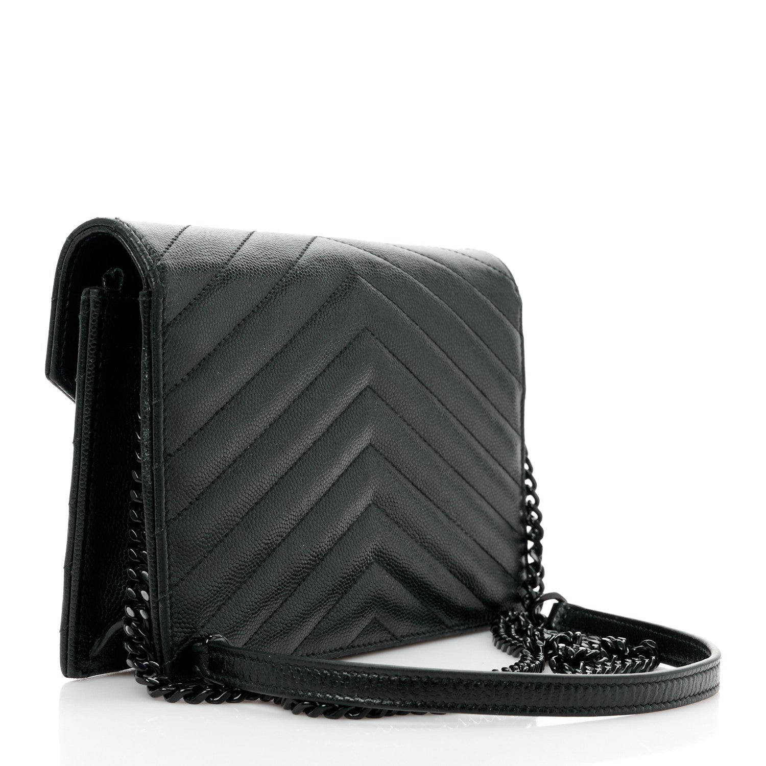 Saint Laurent Grain De Poudre Matelasse Chevron Monogram Monochrome Envelope Chain Wallet Black 3 of 11