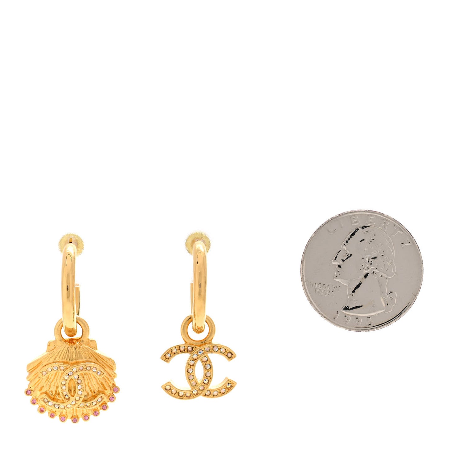 Crystal CC Shell Hoop Earrings Gold Pink