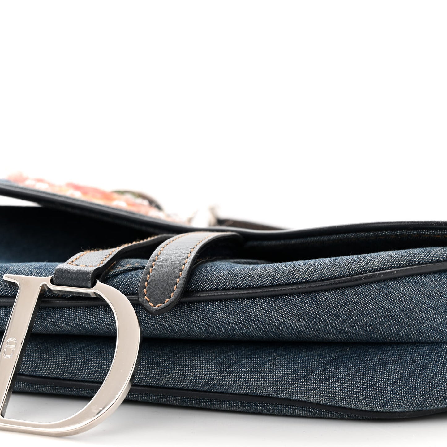 Denim Crystal Floral Embroidered Saddle Bag Multicolor