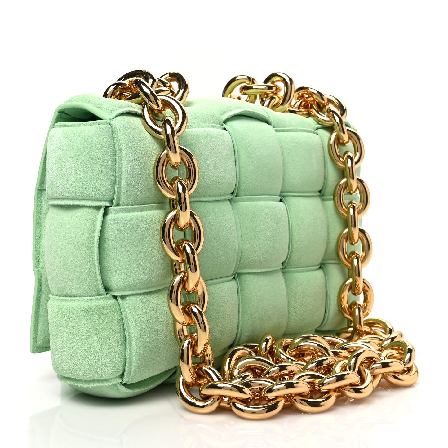 Suede Maxi Intrecciato Padded Chain Cassette Crossbody Bag Wasabi