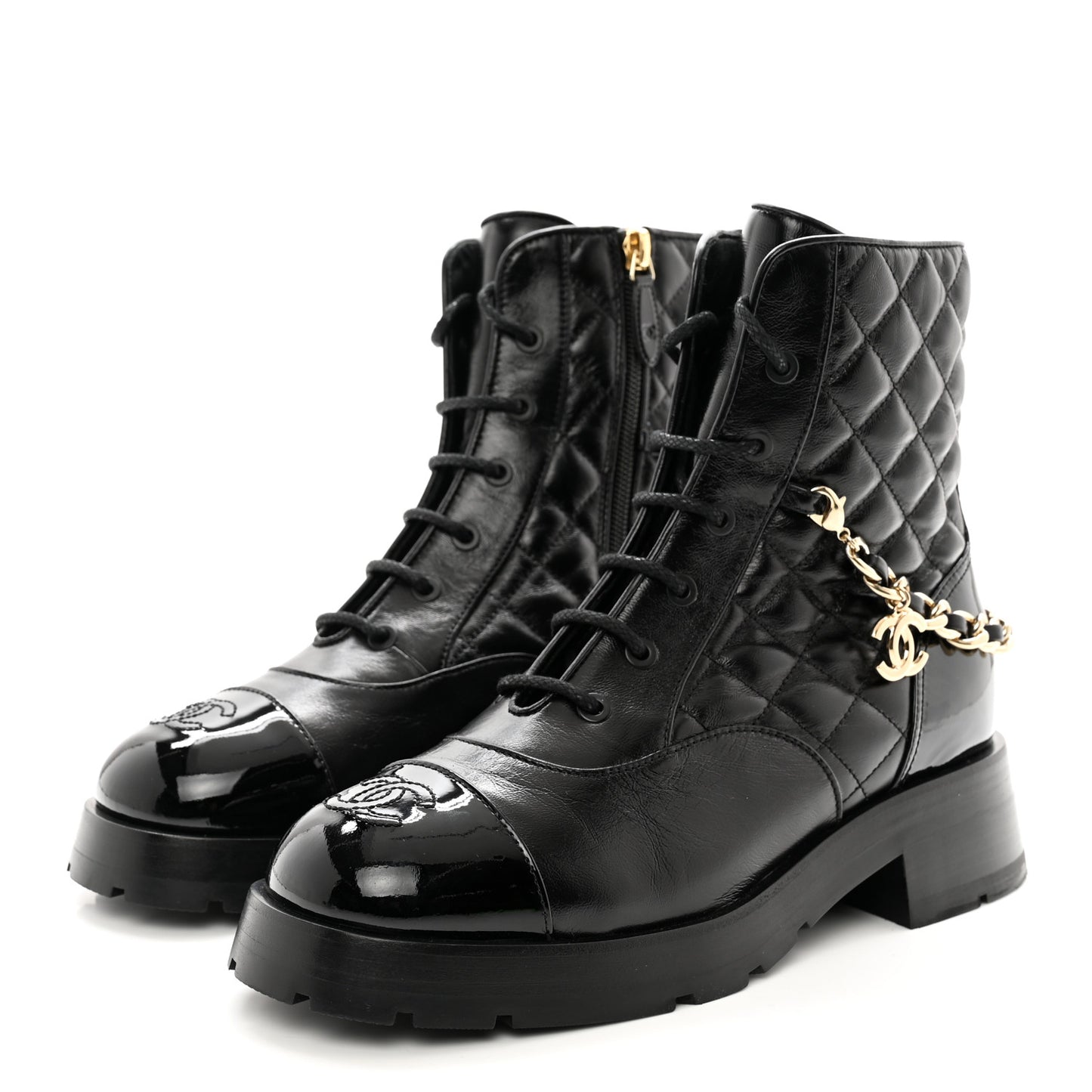 Shiny Calfskin Patent Quilted Chain Lace Up Combat Boots 39 Black