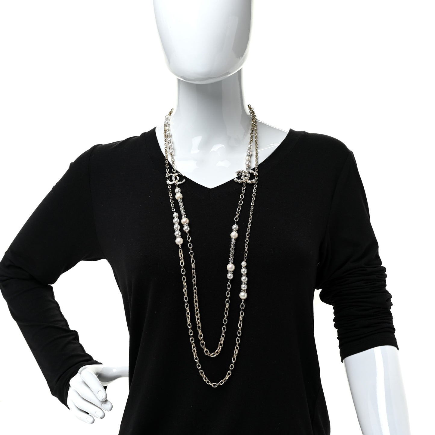 Crystal Pearl CC Long Multistrand Necklace Gold