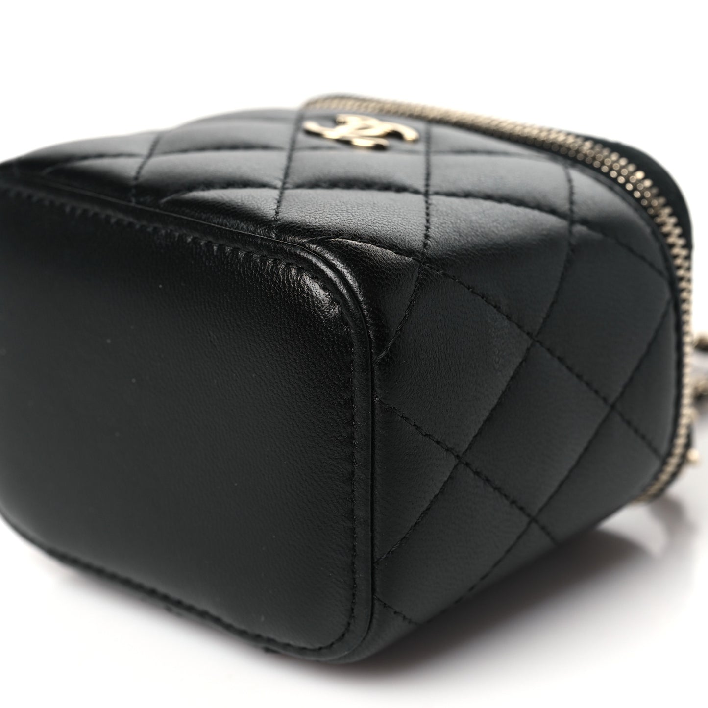 Lambskin Quilted Top Handle Mini Vanity Case With Chain Black