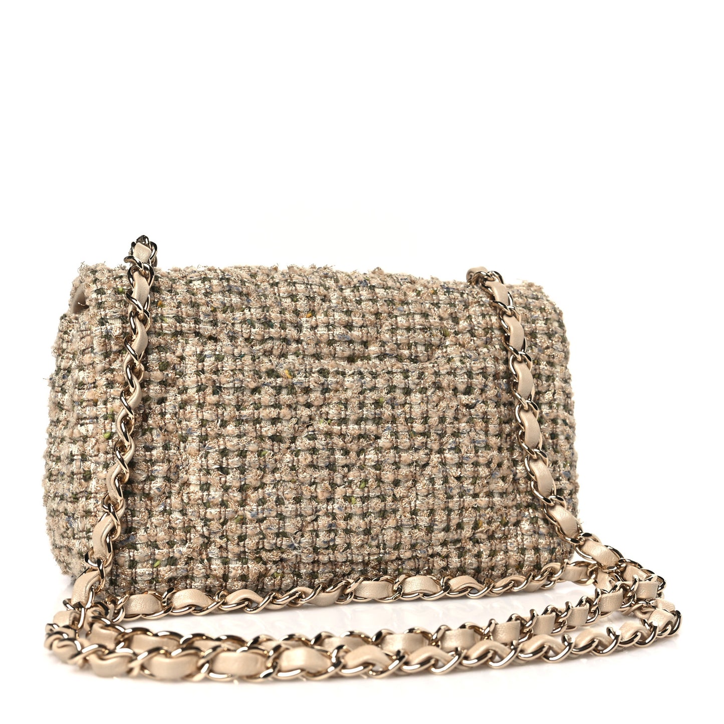 Tweed Quilted Mini Rectangular Flap Beige
