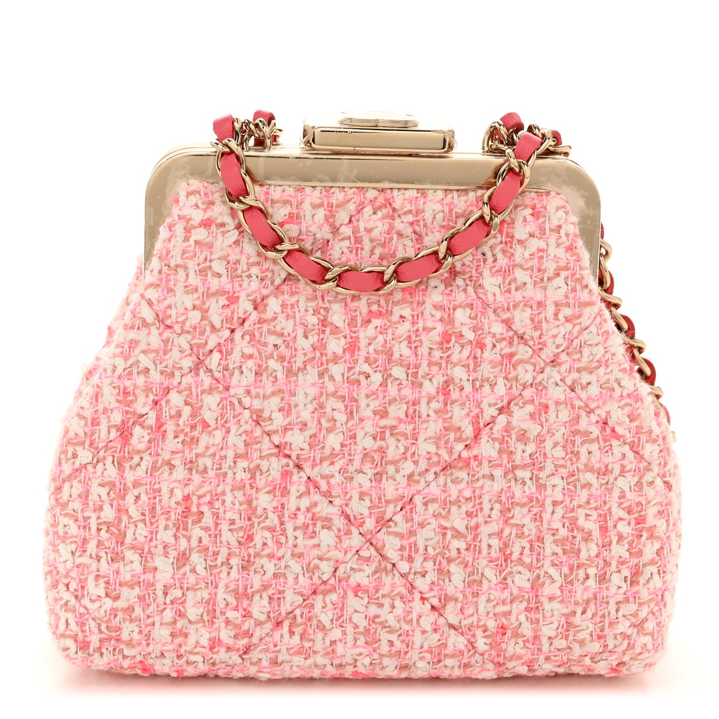 Tweed Kiss Lock Phone Holder With Chain Pale Pink Ecru