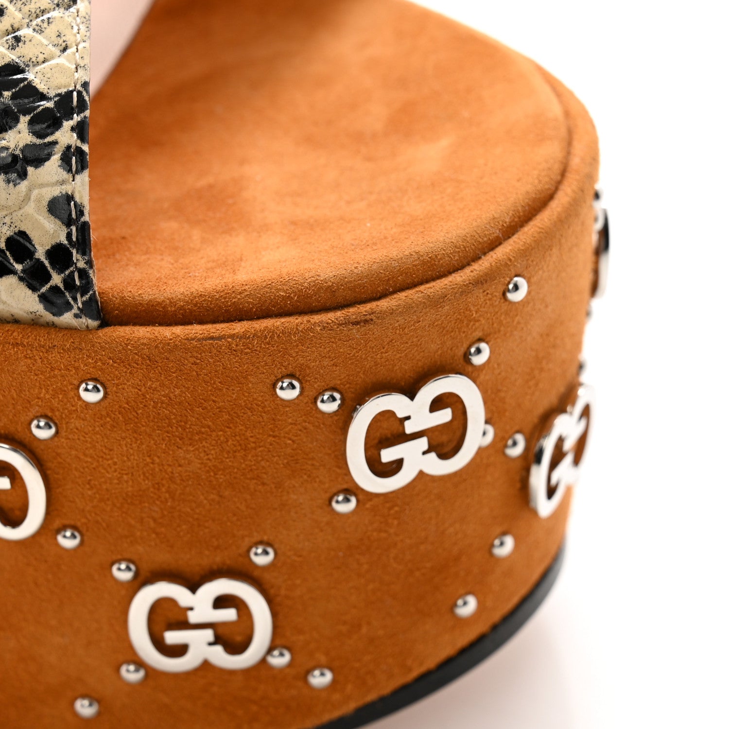 Gucci Malaga Kid Suede Snakeskin Interlocking G Studs 155mm Platform Sandals 40.5 Beige Cognac 12 of 13