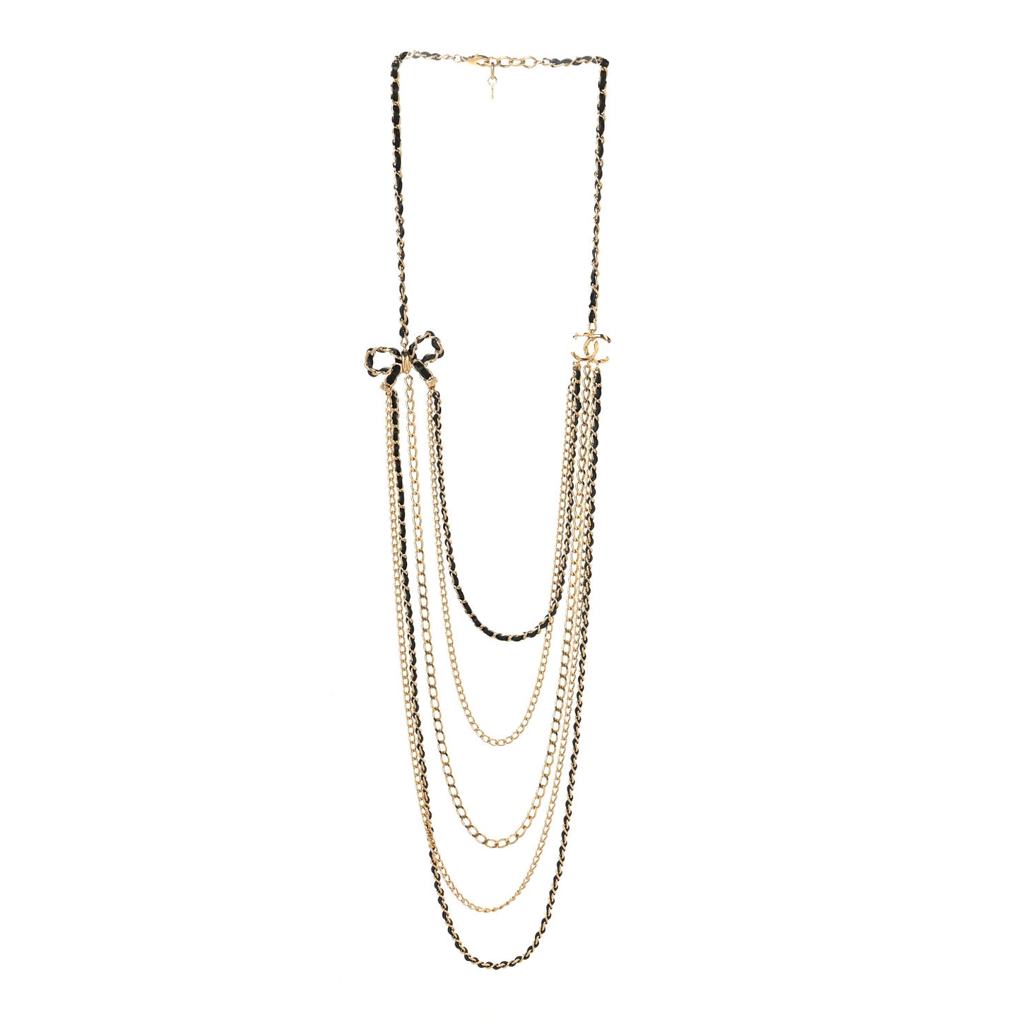 Lambskin Bow CC Multistrand Long Necklace Gold Black
