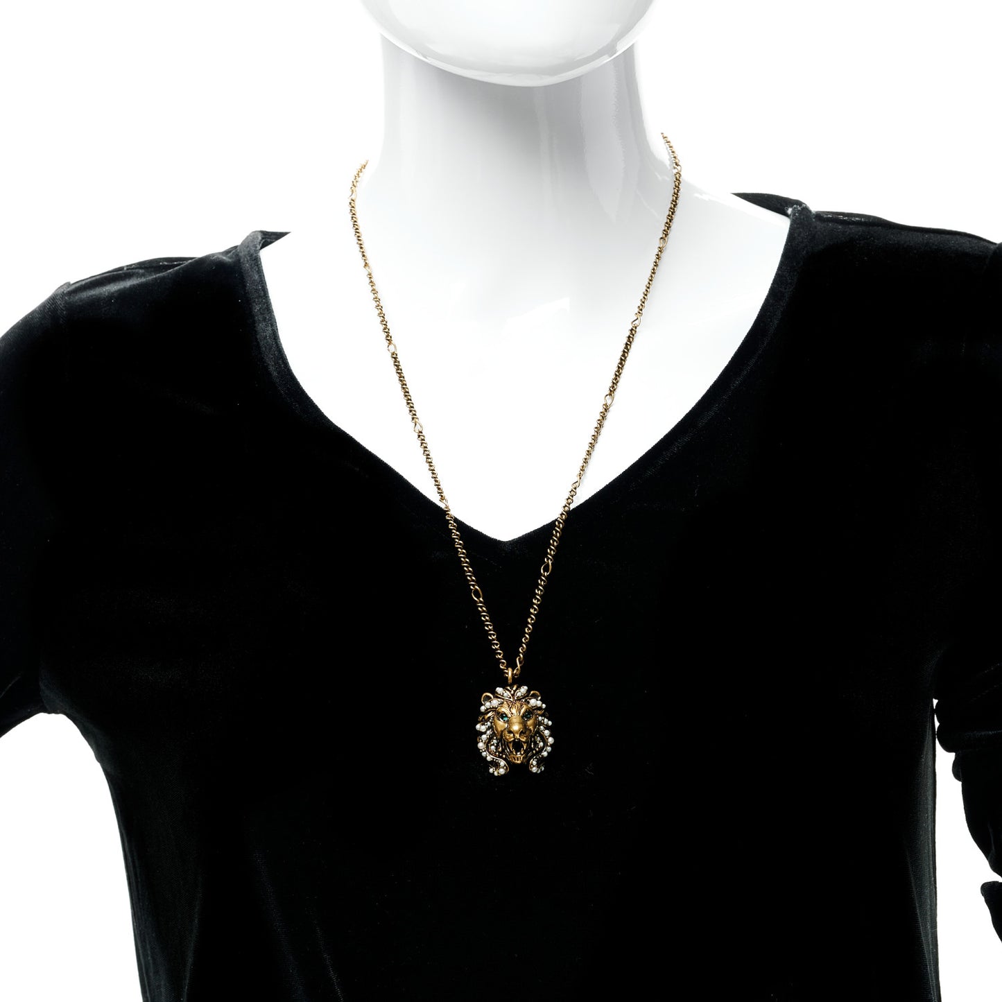 Metal Pearl Crystal Lion Head Necklace Aged Gold Multicolor